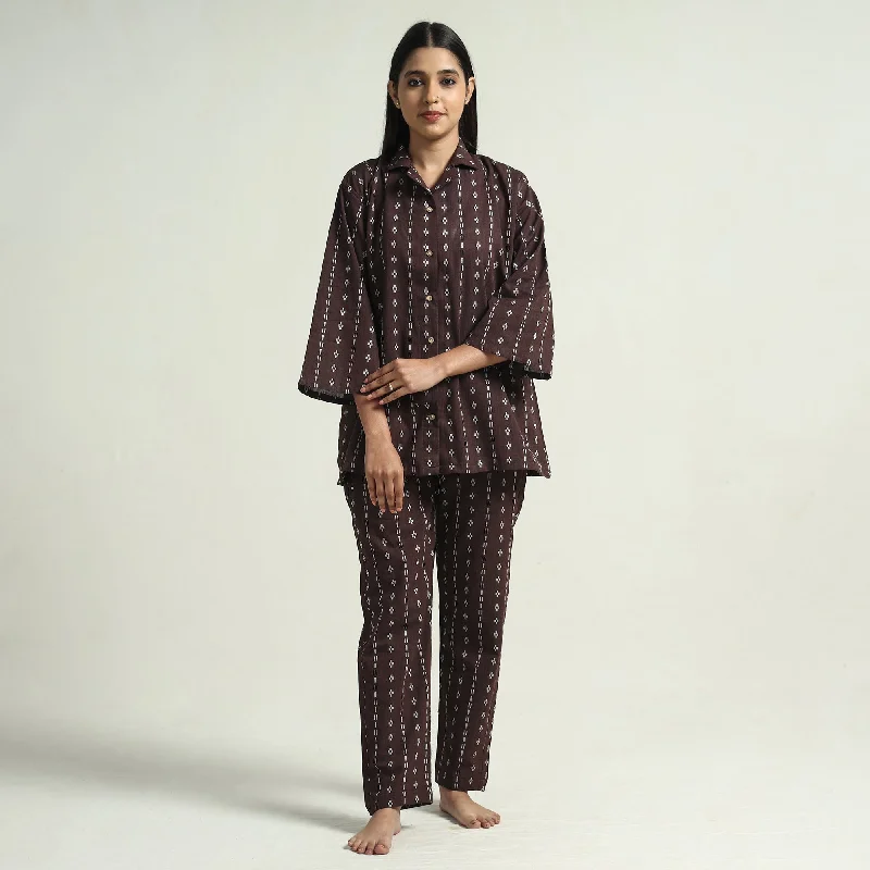 Dark Brown - Jacquard Cotton Top & Pyjama Night Suit Set