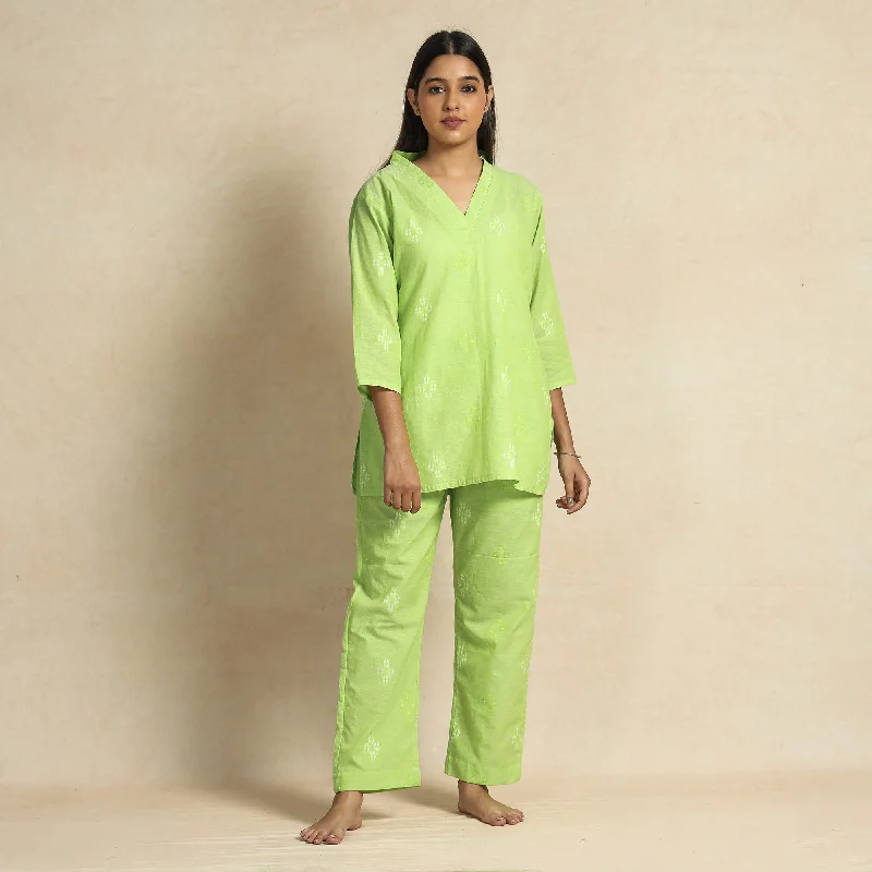 Lemon Green - Jacquard Cotton Top & Pyjama Night Suit Set