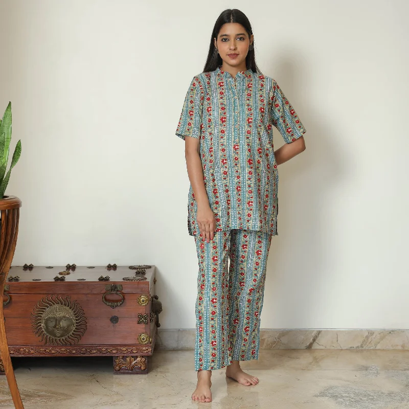 Blue - Sanganeri Block Printed Cotton Night Suit Set 09