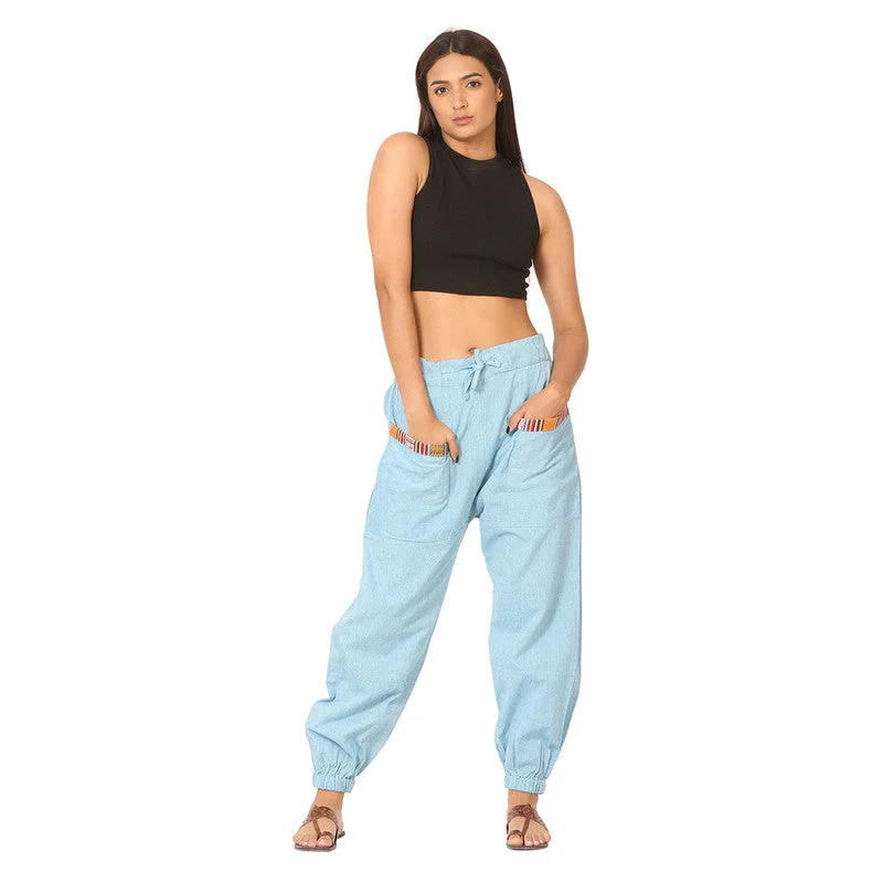 Cotton Jogger Pants for Women | Sky Blue | Front Pocket