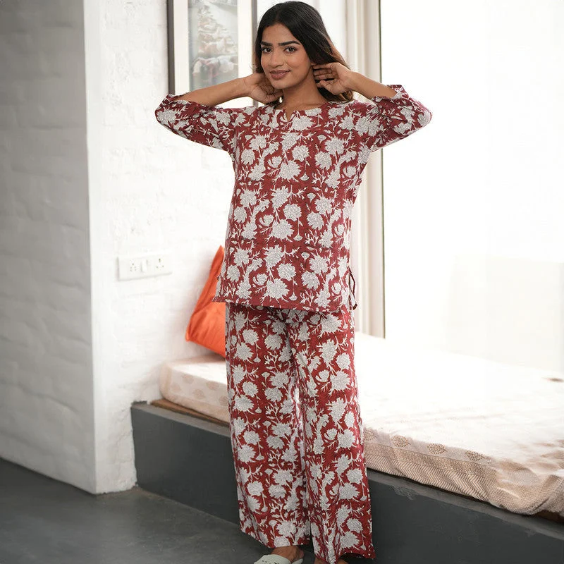 Cotton Night Suit for Women | Floral Handblock Print | Burgundy