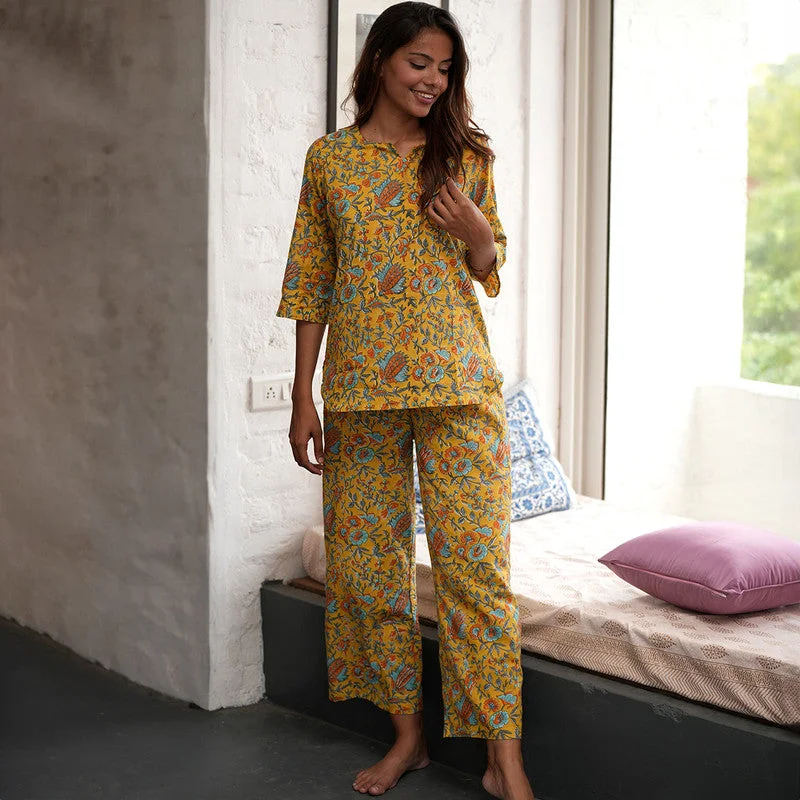 Cotton Night Suit for Women | Handblock Print | Mustard