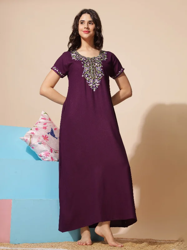 Luxurious Purple Alpine Nighty with Fancy Embroidery