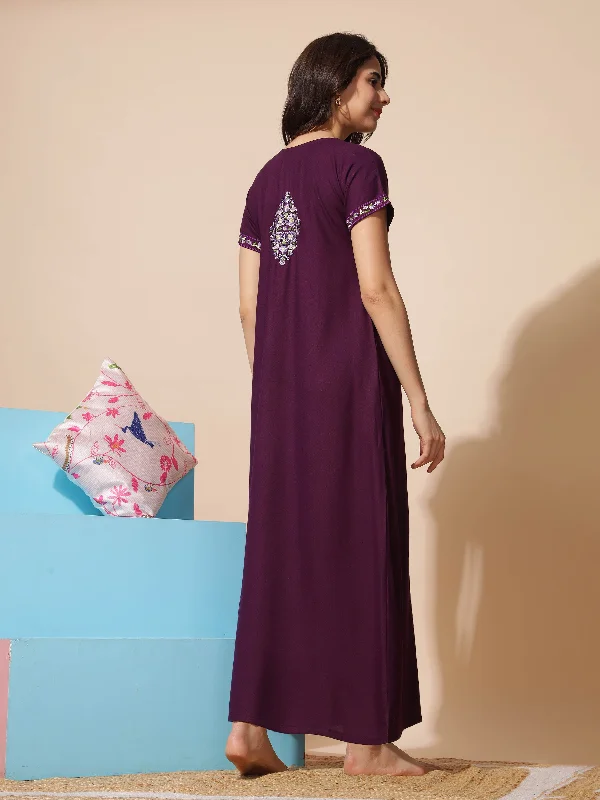 Luxurious Purple Alpine Nighty with Fancy Embroidery