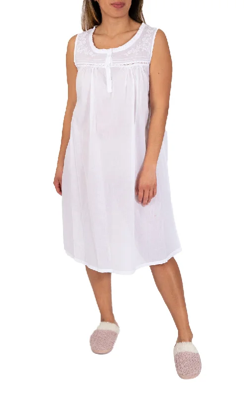 French Country 100% Cotton Nightgown Sleeveless in White FCY235V