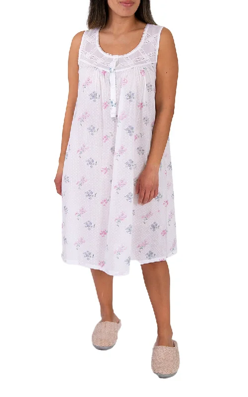 French Country 100% Cotton Nightgown Sleeveless in White Floral FCT142V