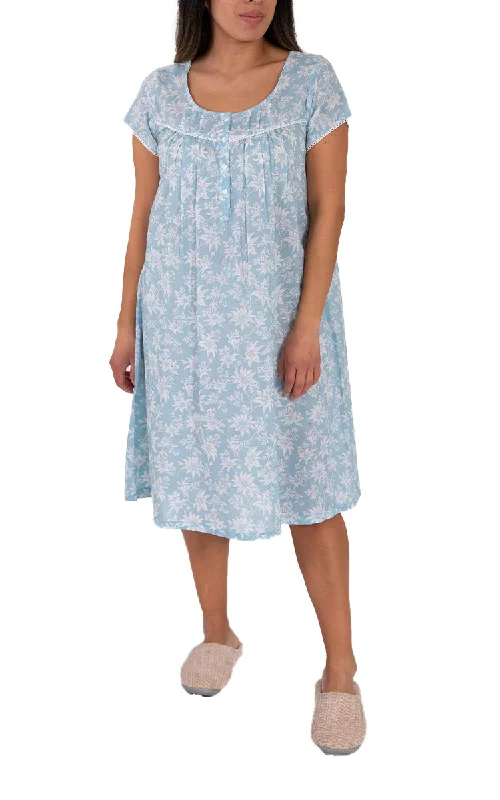 French Country 100% Cotton Nightgown with Cap Sleeve in Blue and White Floral FCT103V