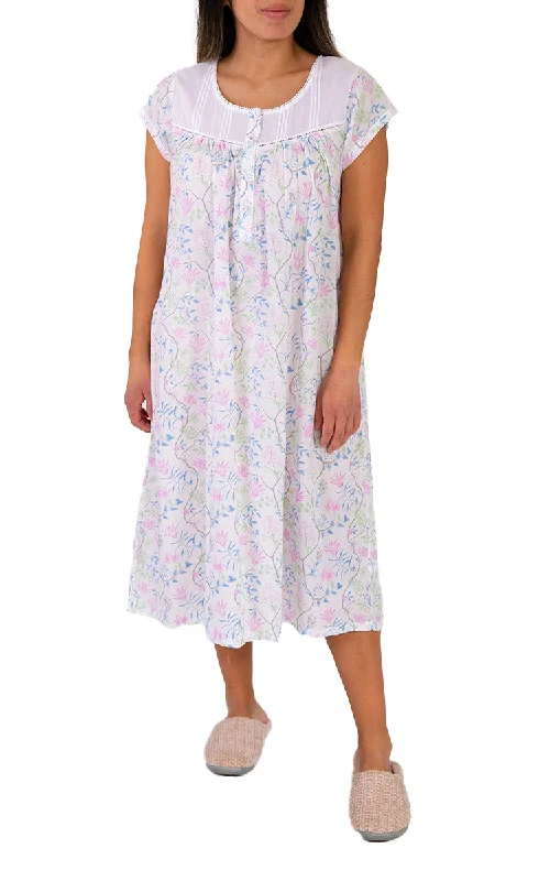 French Country 100% Cotton Nightgown with Cap Sleeve in White and Floral FCT124