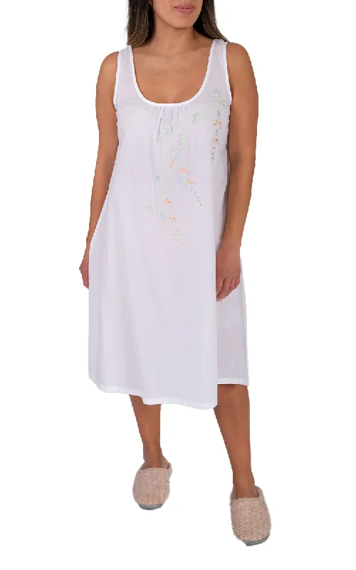 French Country 100% Cotton Nightgown Sleeveless with Embroidered Trim in White FCT172