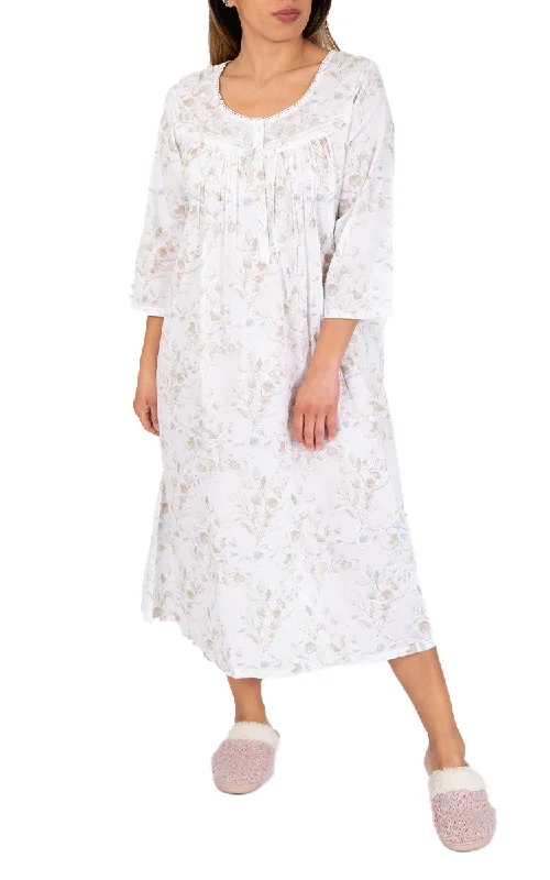 French Country 100% Cotton Nightgown with 3/4 Sleeve in White Floral FCU321