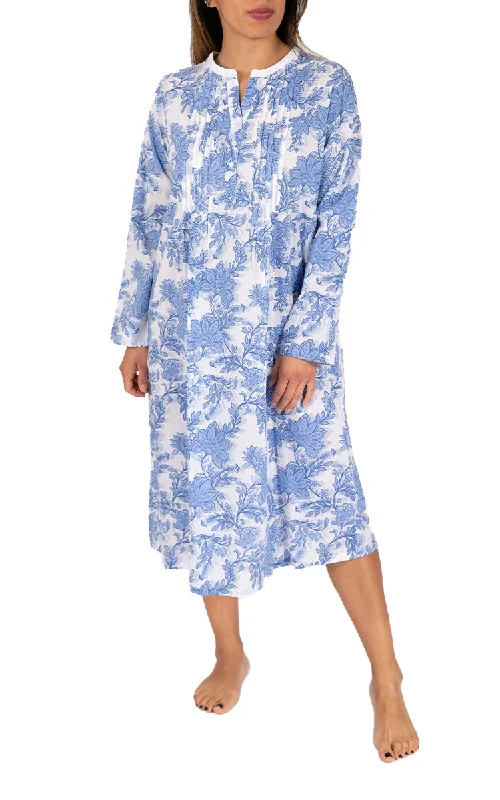 French Country 100% Cotton Nightgown with Long Sleeve in White and Blue Floral FCU386