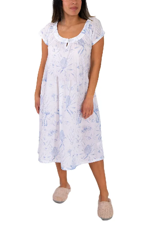 French Country 100% Cotton Nightgown with Cap Sleeve in White and Blue Floral FCW103