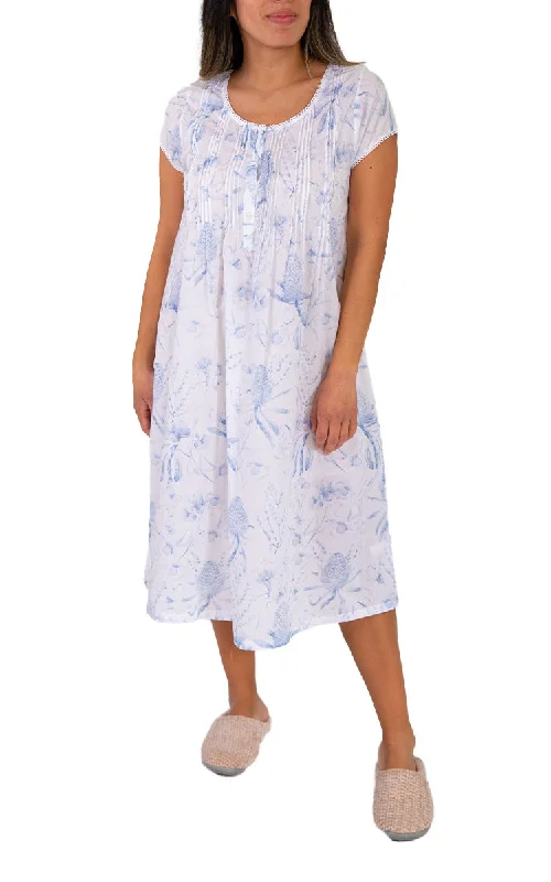 French Country 100% Cotton Nightgown with Cap Sleeve in White and Blue Floral FCW104