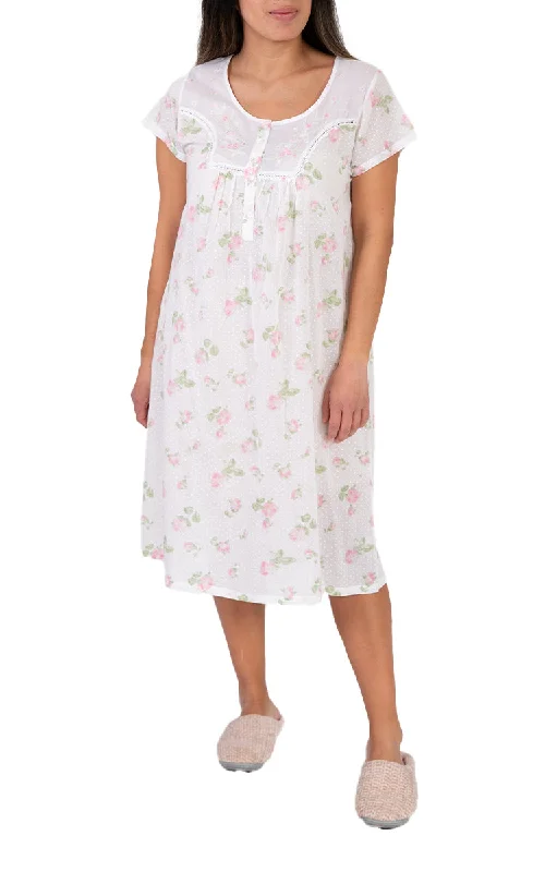 French Country 100% Cotton Nightgown with Cap Sleeve in White and Floral FCW131V