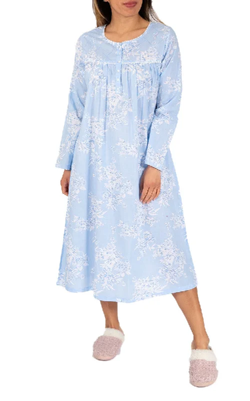 French Country 100% Cotton Nightgown with Long Sleeve in Blue Floral FCX300