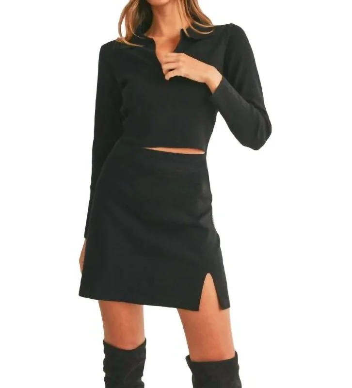 Collared V-Neck Knit Sweater & Mini Skirt Set In Black