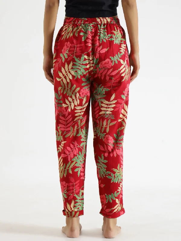 Red Floral Printed Pure Cotton Lounge Pants