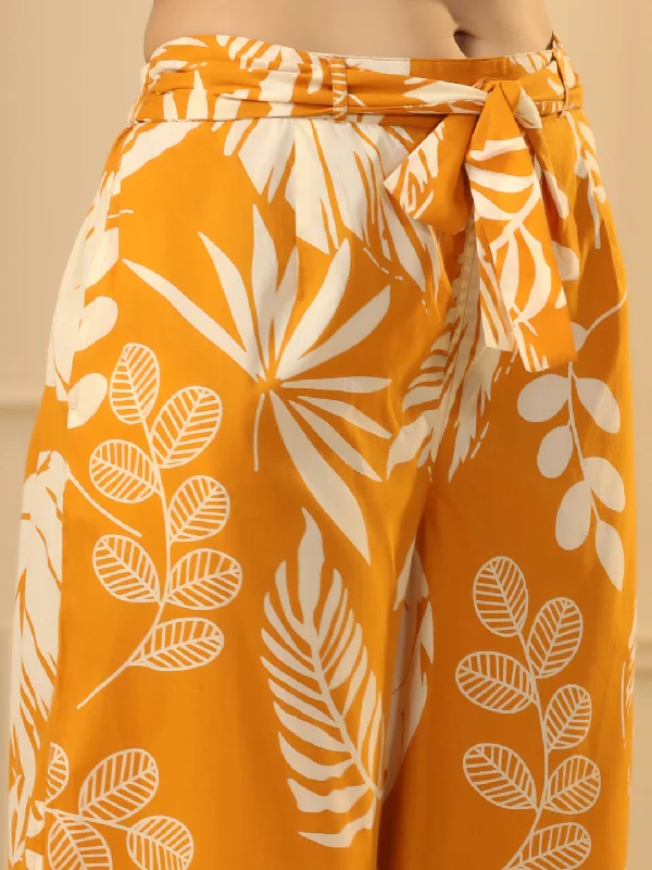 Mustard Yellow & White Floral Printed Flared Cotton Palazzos