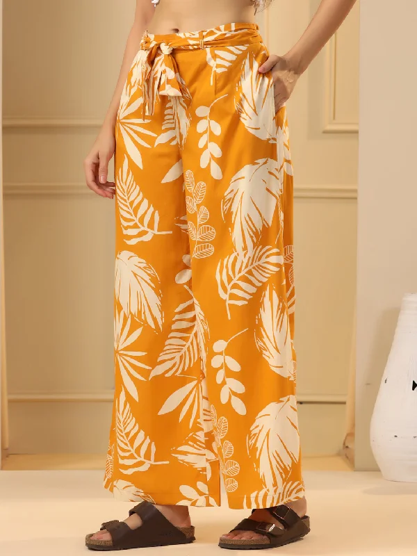 Mustard Yellow & White Floral Printed Flared Cotton Palazzos