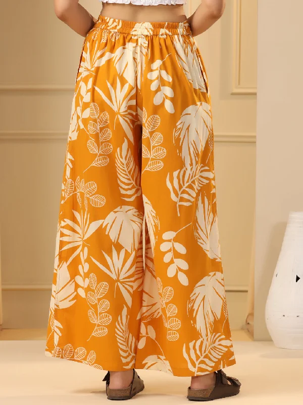 Mustard Yellow & White Floral Printed Flared Cotton Palazzos