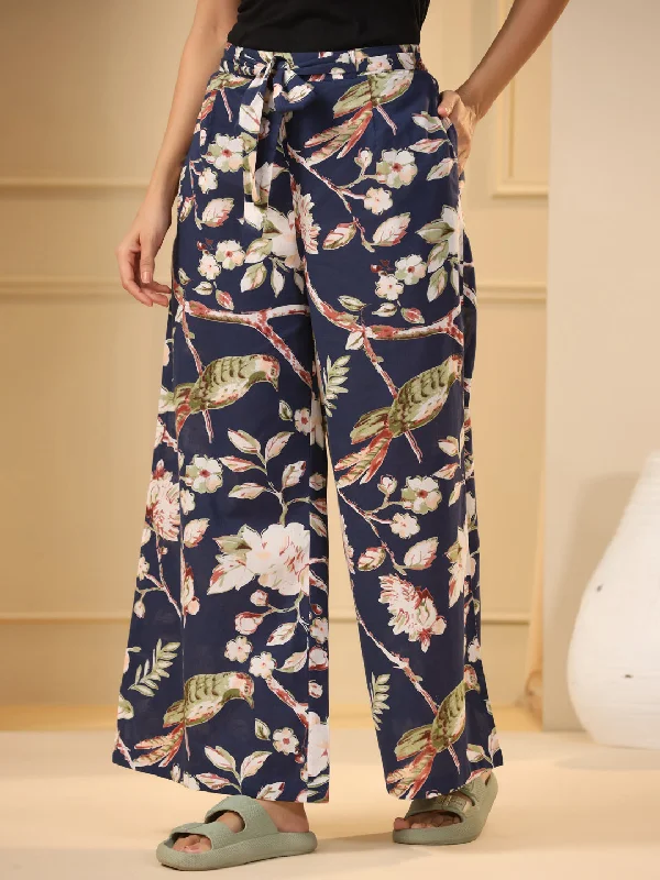 Navy Blue & White Floral Printed Flared Cotton Palazzos