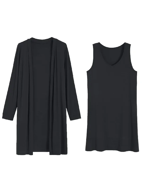 Women's Bamboo Viscose Sleeveless Nightgown with Long Sleeves Cardigan