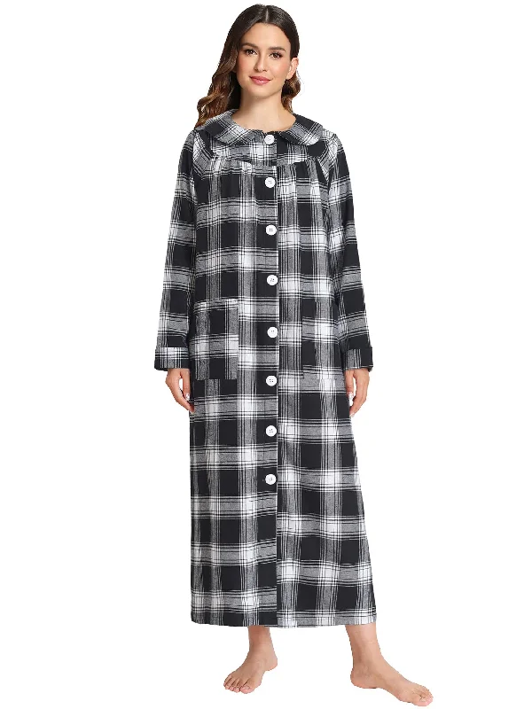 Women's Cotton Flannel Button Up Robe Long Sleeves Housecoat