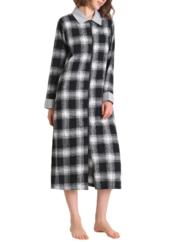 Women's Cotton Flannel Zip Up Robe Zipper Front Housecoat with Pockets