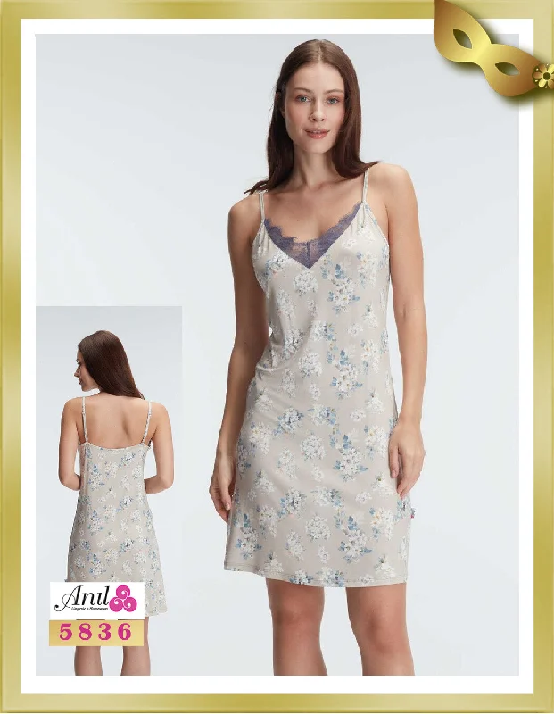 Floral Patterned Mini Lace Detailed Nightgown 5836