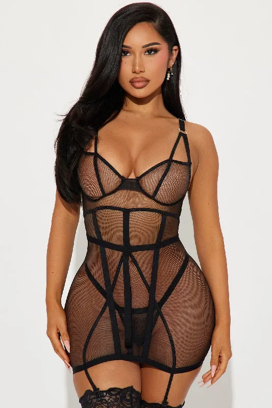 Classy In The Streets Mesh Garter Chemise - Black