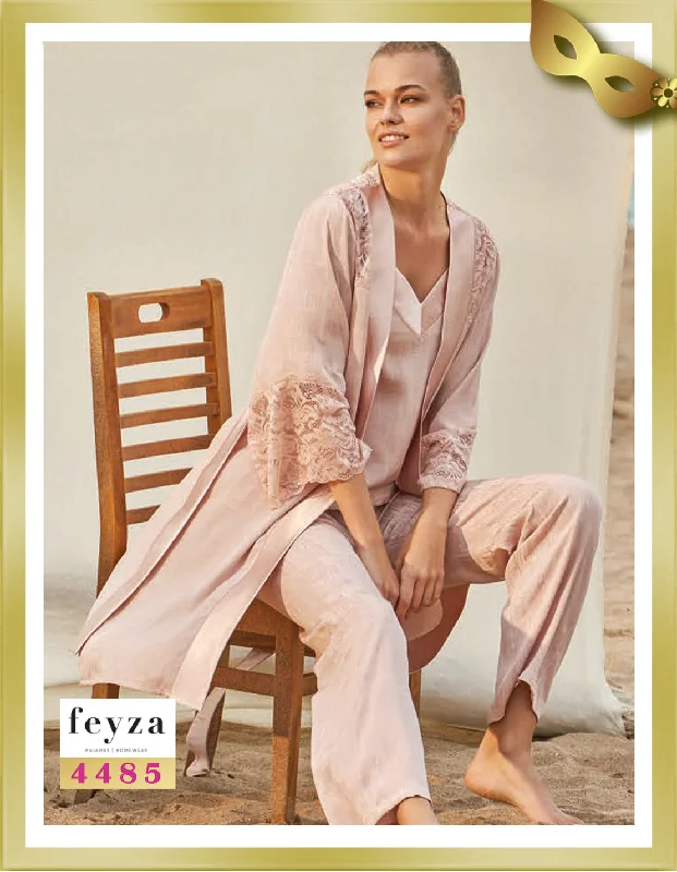 Lace Detailed Long Pajamas with Robe Set (3 Pcs) 4485