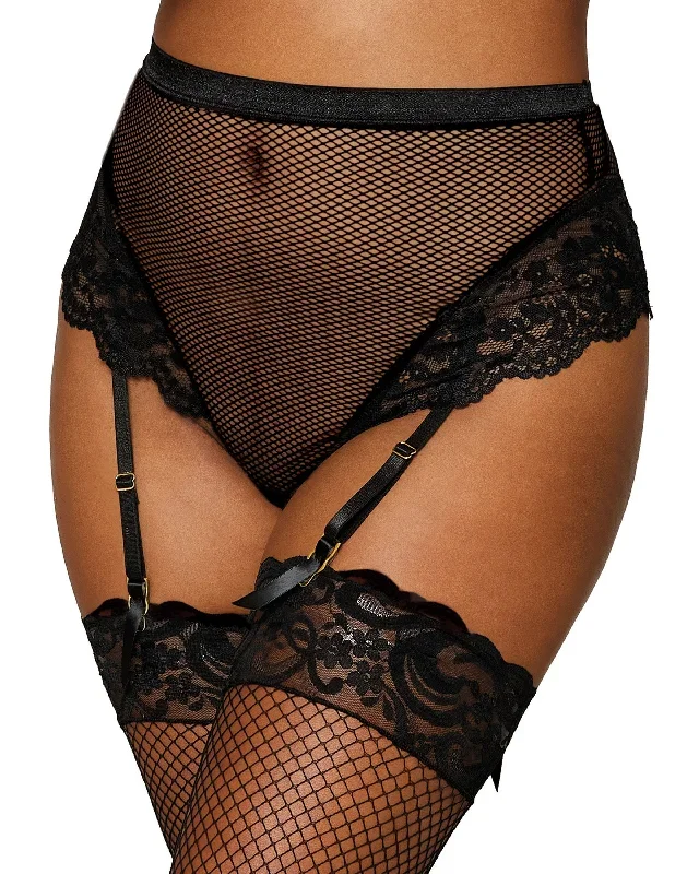 Dreamgirl High waisted mesh and lace garter thong with satin ribbon back tie