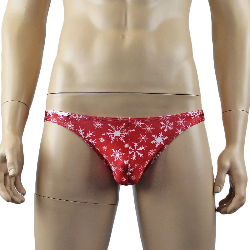 Mens Christmas Snowflake spandex Low Cut Brief with Sexy Back Red and White